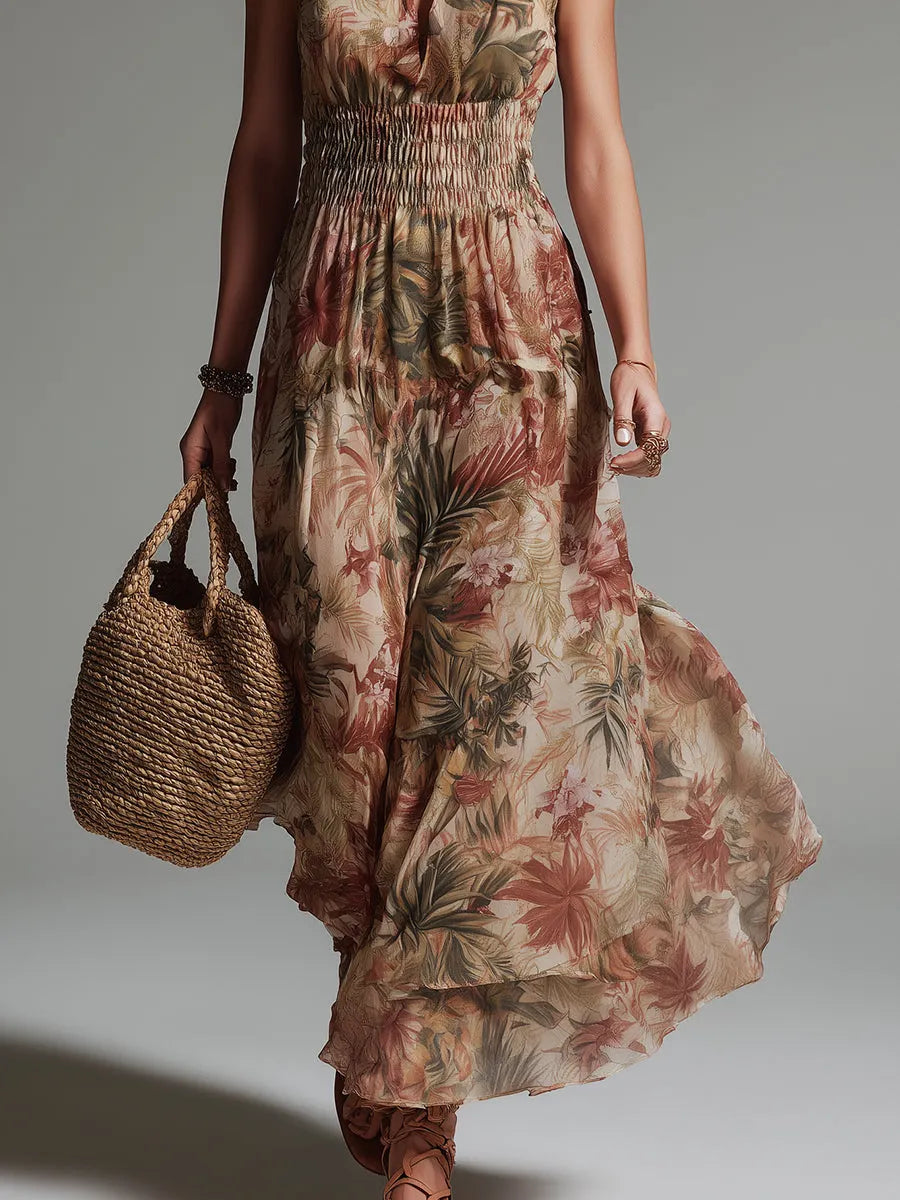 Tropical Rainforest Print Keyhole Maxi Dress