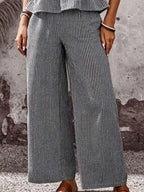 Women's Striped Flowers Art Stylish Cotton Linen Top And Pants Suits