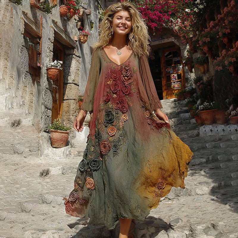 The Sunset Collection Vintage Rose And Floral Gradient Art Linen V Neck Maxi Dress