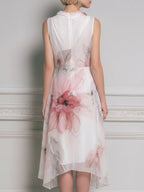 Sleeveless Draped Floral Asymmetric Midi Dress