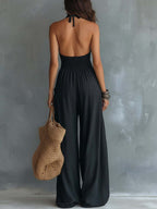 Retro Lace Halter-Neck Jumpsuit With Pockets