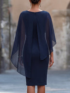 Draped Chiffon Cape Overlay Pencil Midi Dress