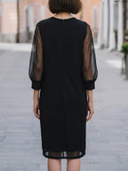 Mesh Puff Sleeve Crew Neck Shift Midi Dress