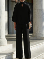 Cape-Sleeve High-Neck Blouse & Slit Wide-Leg Trousers Set