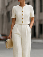 Tweed Cropped Short-Sleeve Jacket & High-Waisted Wide-Leg Pants Two-Piece Set