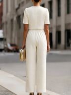 Tweed Cropped Short-Sleeve Jacket & High-Waisted Wide-Leg Pants Two-Piece Set