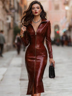 Glossy Croc-Effect Zip-Front Midi Dress