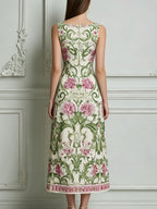 Pink Green Floral Scroll Print Square Neck Midi Dress
