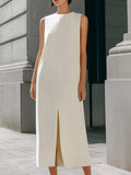 Sleeveless Round Neck Front Seam Slit Midi Shift Dress
