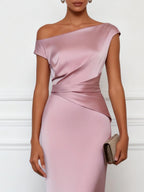 Pink Satin One Shoulder Sleeveless Sheath Gown Dress