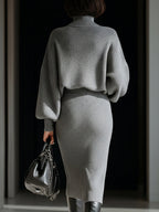 Gray Ribbed Turtleneck Batwing Sweater Dress