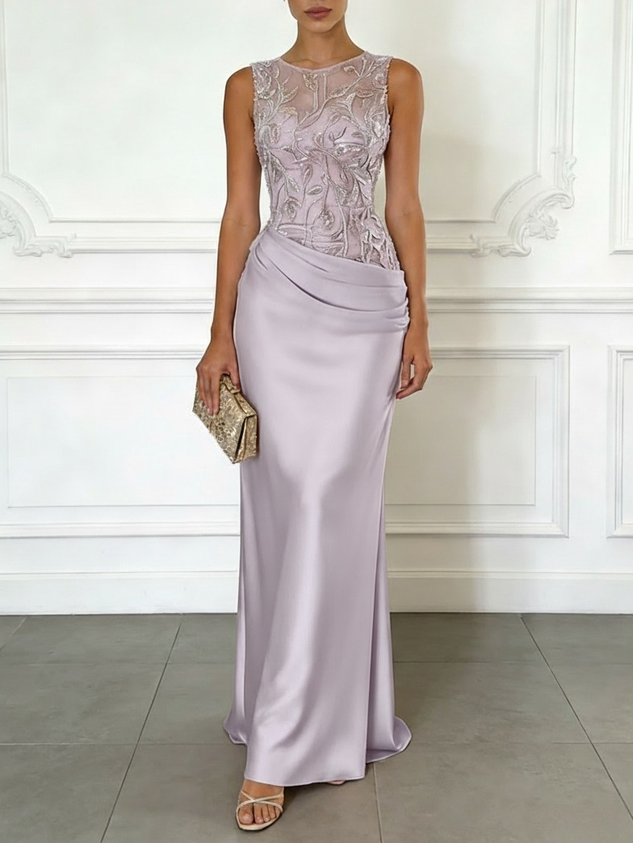 Light Pink Embroidery Satin Crew Neck Sleeveless Sheath Gown Dress