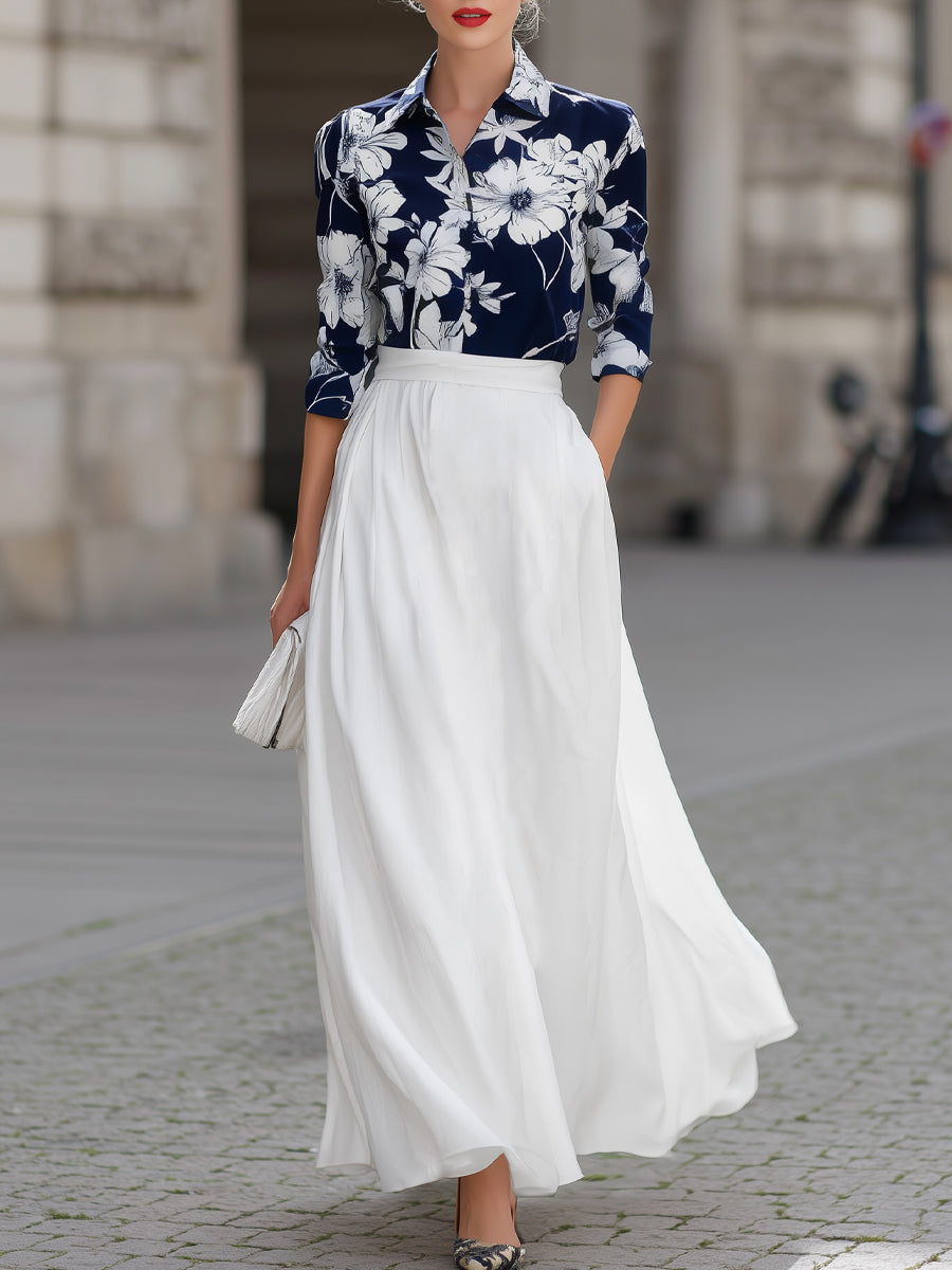 Floral Print Button-Down & High-Waisted Maxi Skirt Set
