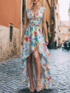 Elegant Watercolor Print High-Low Chiffon Maxi Dress
