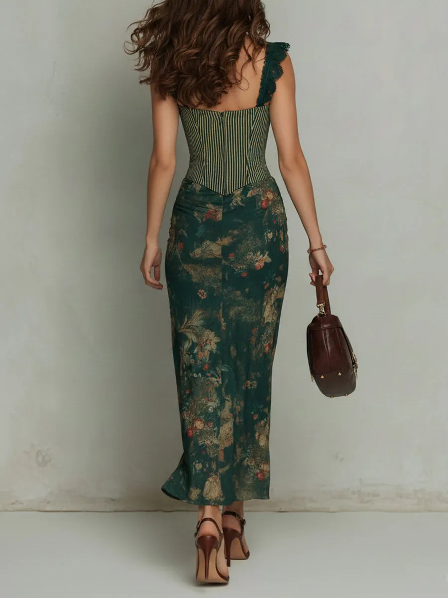 Vintage Lace Trim Striped Flower Print Maxi Dress