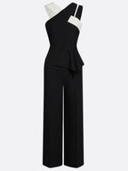 Women Black Cross Pocket Stitching Halter Sleeveless Dressy Jumpsuit
