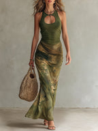 Retro Keyhole-Neck Oil Painting Print Maxi Dress