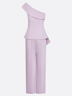 Women Light Purple Peplum One Shoulder Sleeveless Elegant Top With Pants Two-Piece Set