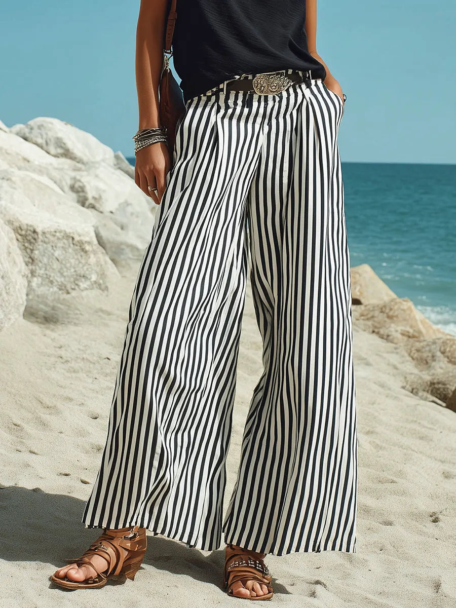 Women's Casual Vacation Cotton Sleeveless Vest And Vertical Striped Wide-leg Pants Set