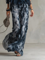 Navy Halter Neck Top And Printed Wide-leg Pants Chiffon Set