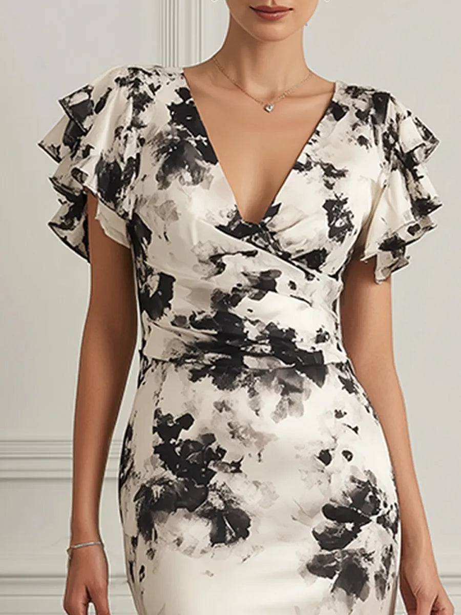 Monochrome Bloom Flutter-Sleeve Midi Dress