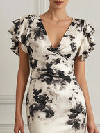 Monochrome Bloom Flutter-Sleeve Midi Dress