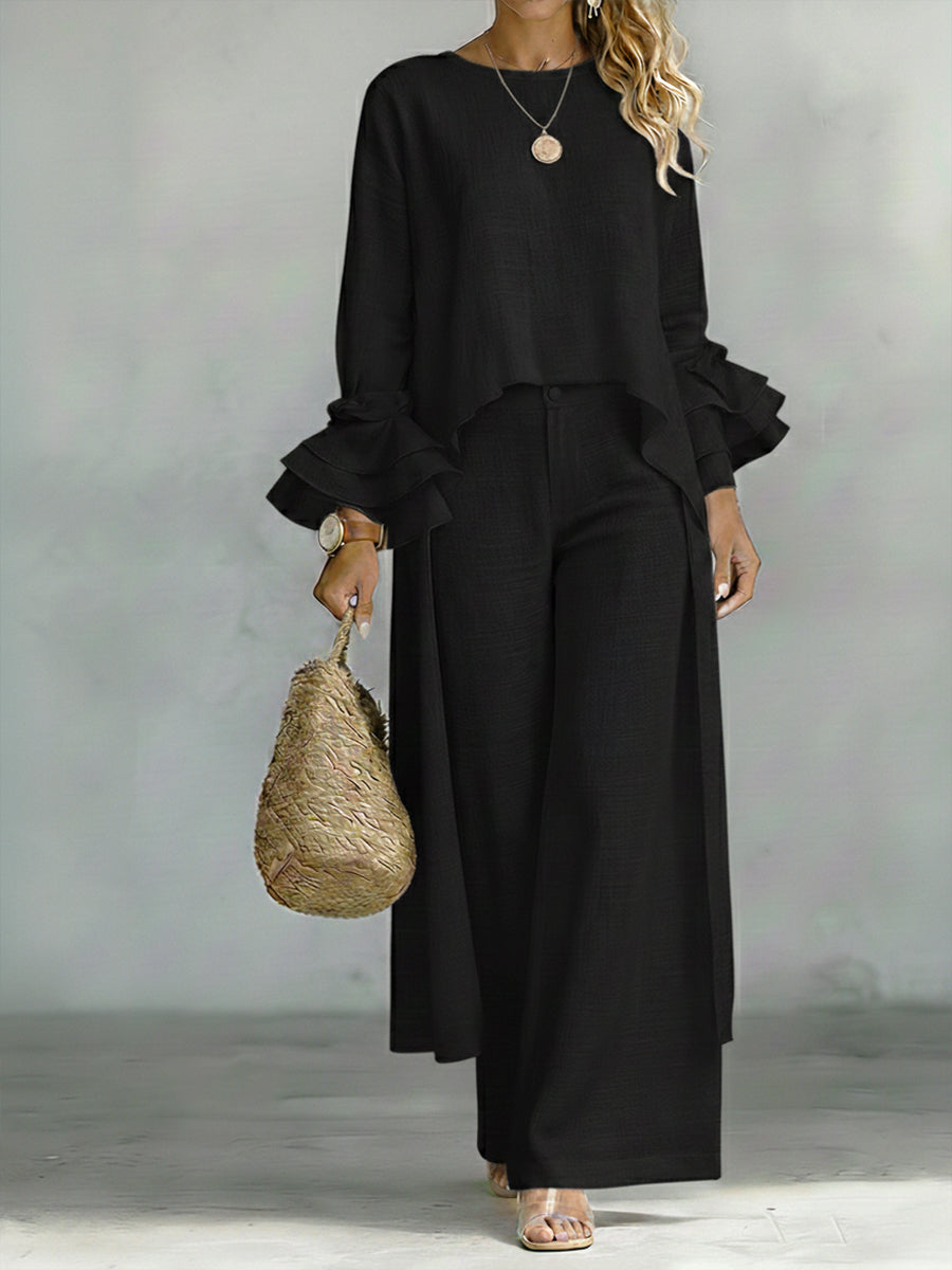 Casual Linen And Cotton Top And Pants Two-piece Set