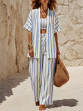 Casual & Relaxed Striped Linen-cotton Three-piece Set: Bandeau Top, Cardigan, And Pants