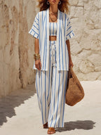 Casual & Relaxed Striped Linen-cotton Three-piece Set: Bandeau Top, Cardigan, And Pants