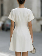 V-Neck Short Sleeve Waist-Cinched Mini Dress With Gold Buttons