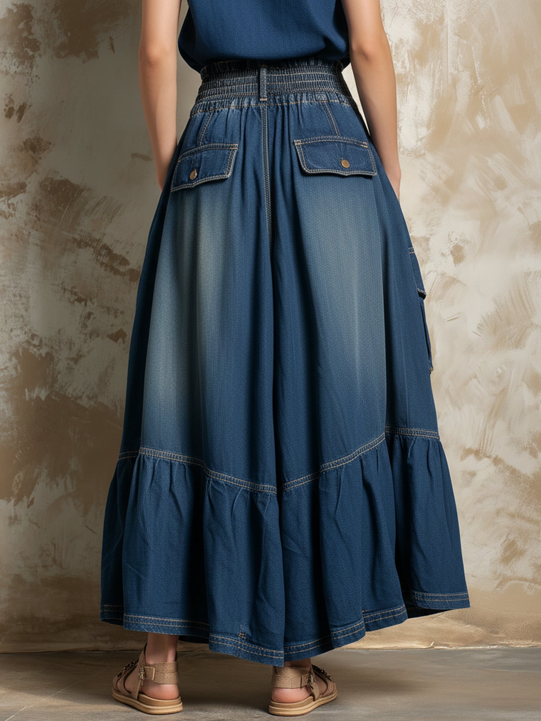 Vintage Washed Denim Cargo Cropped Wide-Leg Pants