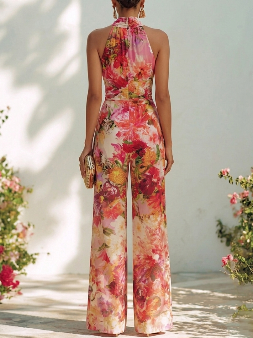 Women Red Floral Halter Neck Sleeveless Romantic Jumpsuit