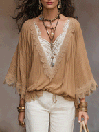Boho Lace Trim V-Neck Batwing Sleeve Relaxed Fit Blouse
