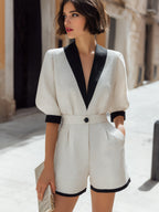 Contrast Collar Tailored Blouse And Shorts Set