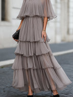 Tiered Pleated Cape Maxi Dress