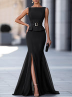 Belted Chiffon Skirt Front Slit Mermaid Maxi Dress