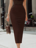 Sophisticated V-Pleated Neck Sleeveless Pencil Dress