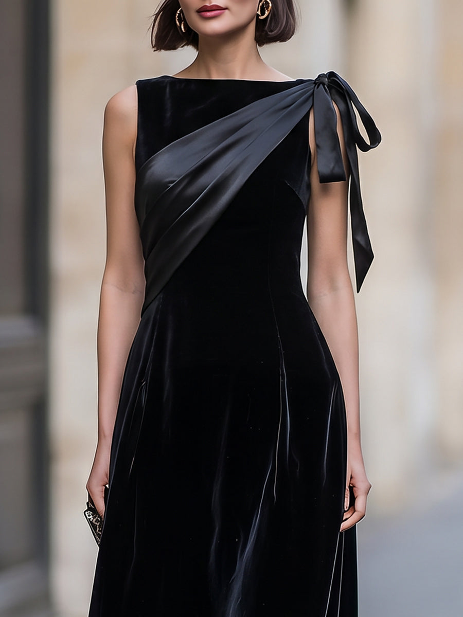 Sophisticated Velvet Midi Dress With Satin Shoulder Bow