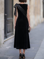 Sophisticated Velvet Midi Dress With Satin Shoulder Bow