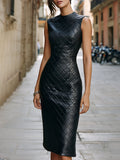 Luxury Quilted Faux Leather Sheath Midi Dress