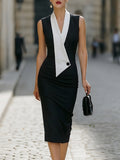 Contrast Lapel Sleeveless Sheath Midi Dress
