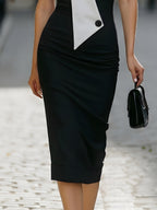 Contrast Lapel Sleeveless Sheath Midi Dress