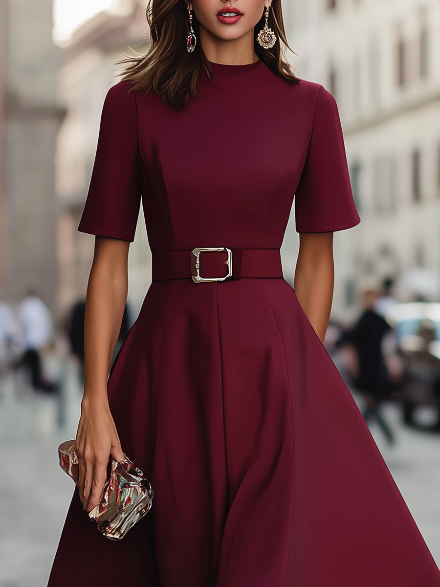 Short-Sleeve Belted A-Line Midi Dress