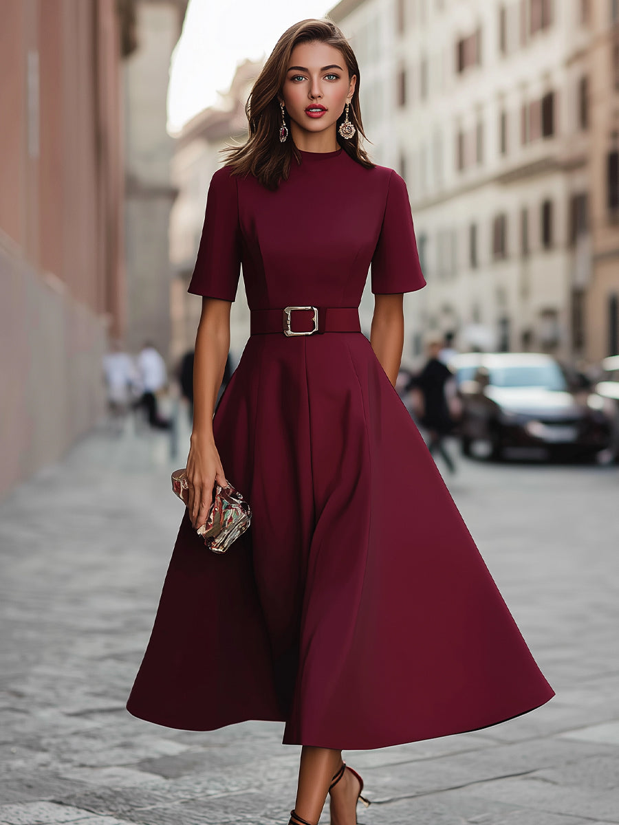 Short-Sleeve Belted A-Line Midi Dress