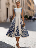 Sleeveless A-Line Midi Dress With Printed Accents