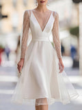 Pearl-Embellished Sheer Tulle Sleeve A-Line Midi Dress