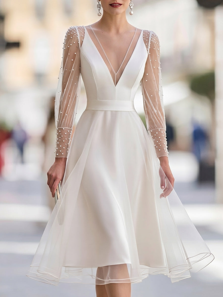 Pearl-Embellished Sheer Tulle Sleeve A-Line Midi Dress