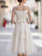 Pearl-Embellished Sheer Tulle Sleeve A-Line Midi Dress