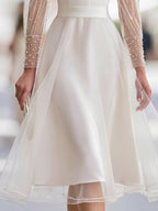 Pearl-Embellished Sheer Tulle Sleeve A-Line Midi Dress