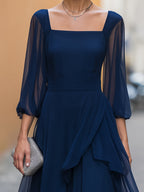 Chiffon Square Neck High-Low A-Line Midi Dress